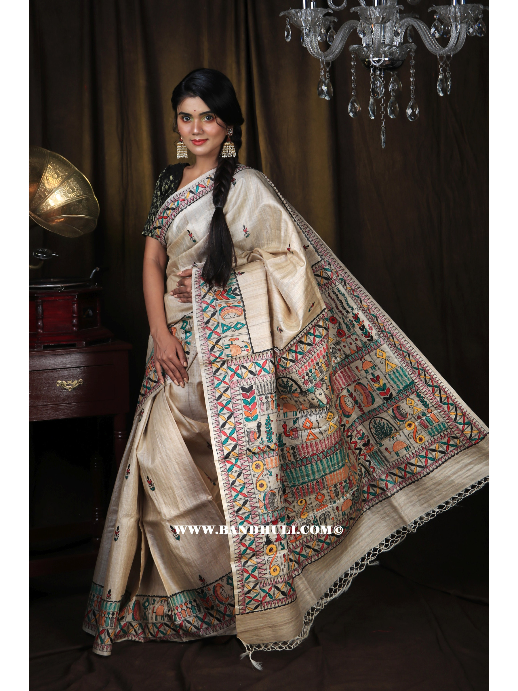 Madhubani Hand Paint Tussar Saree in Shades of Beige- BSHP60